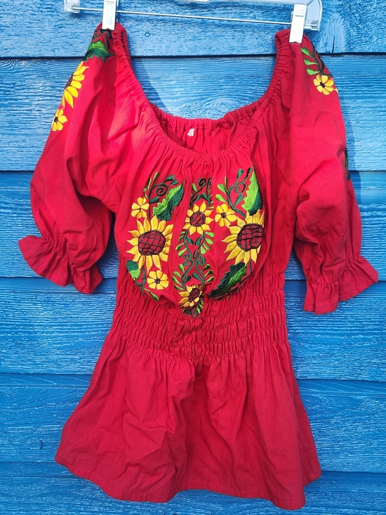 Tops - Red Embroidered Peasant Top with Sunflower Detail